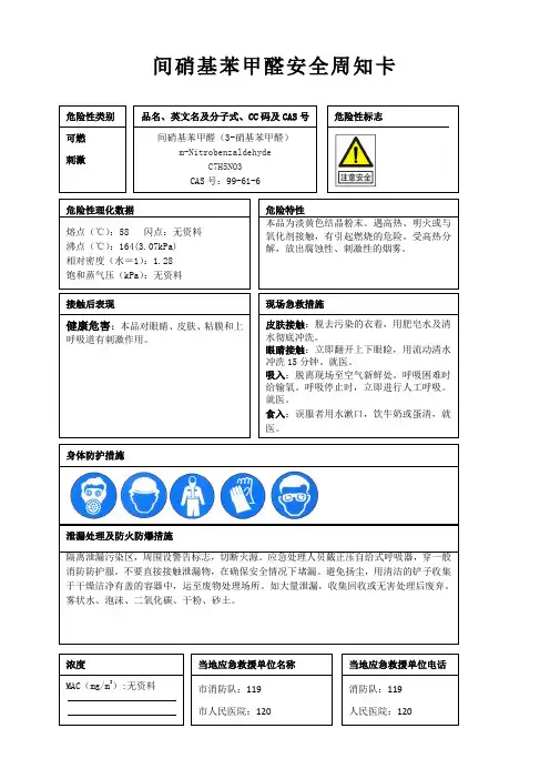 间硝基苯甲醛安全周知卡、职业危害告知卡、理化特性表