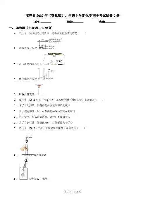 江苏省2020年(春秋版)九年级上学期化学期中考试试卷C卷(模拟)