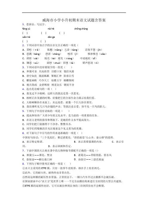 威海市小学小升初期末语文试题含答案
