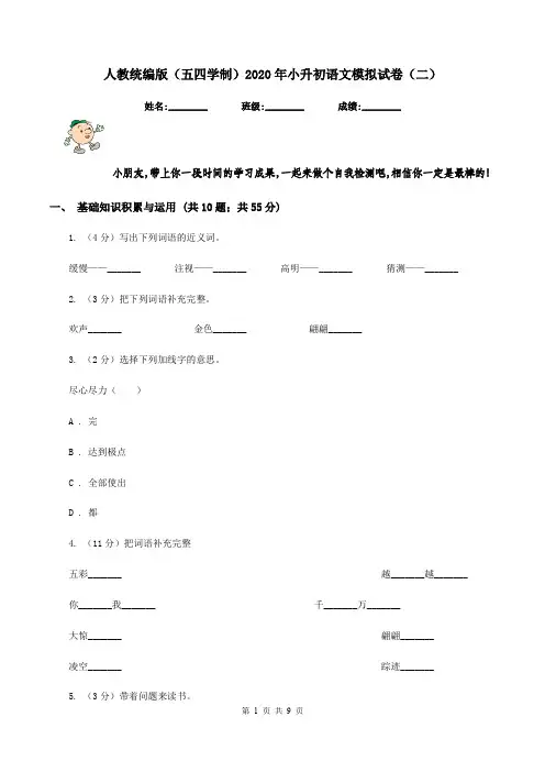人教统编版(五四学制)2020年小升初语文模拟试卷(二)