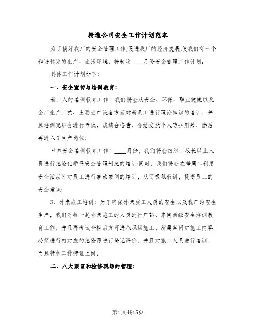 精选公司安全工作计划范本（五篇）
