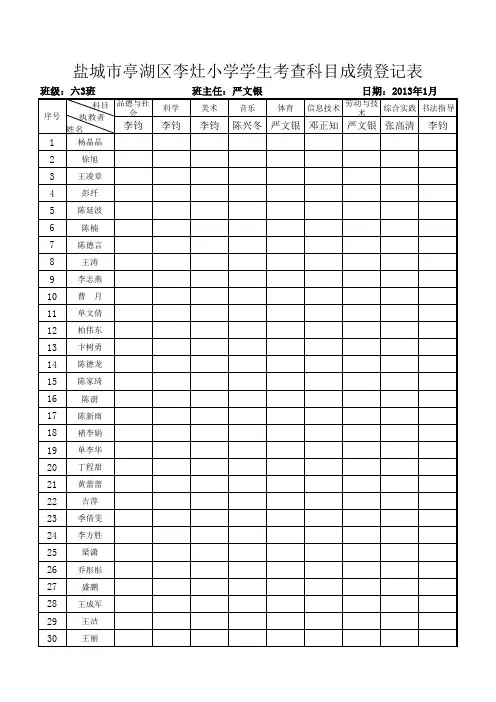 考查科目成绩登记表