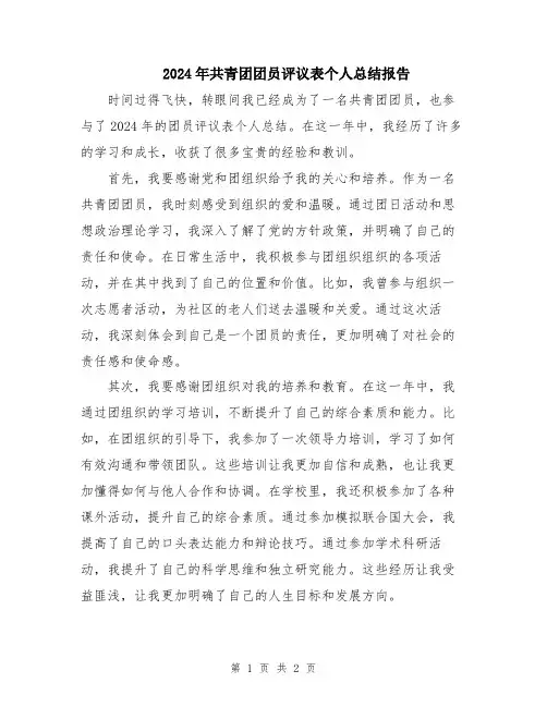 2024年共青团团员评议表个人总结报告