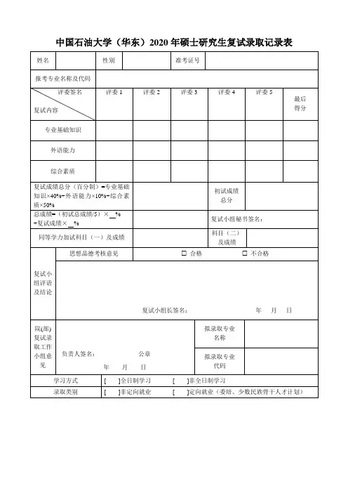 中国石油大学(华东)2020年硕士研究生复试录取记录表