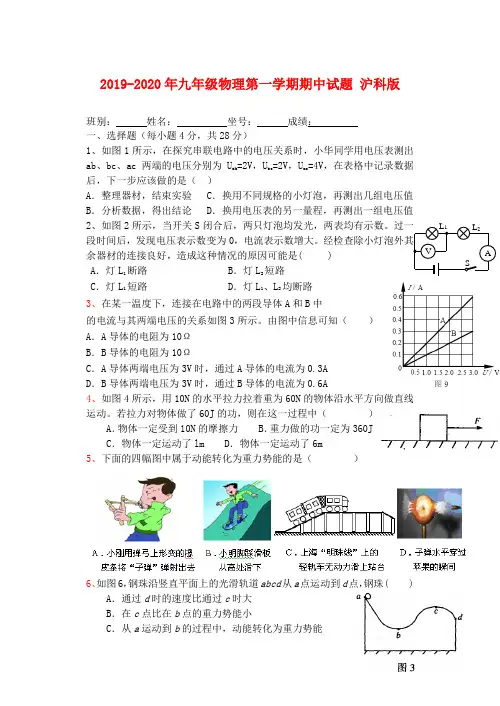 2019-2020年九年级物理第一学期期中试题 沪科版