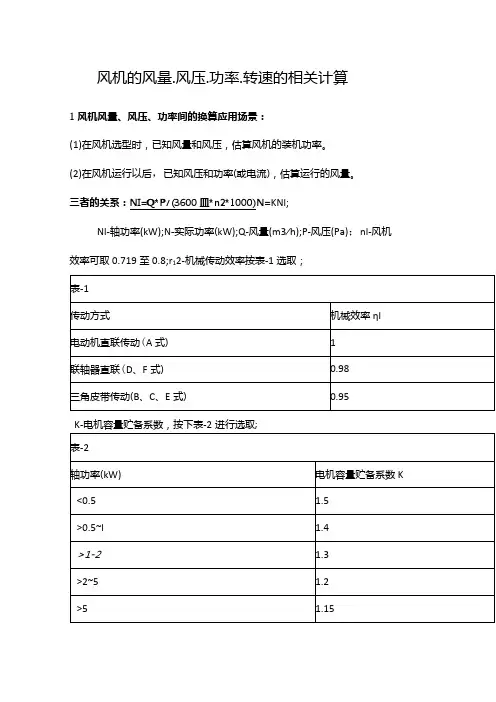 风机的风量、风压、功率、转速的相关计算