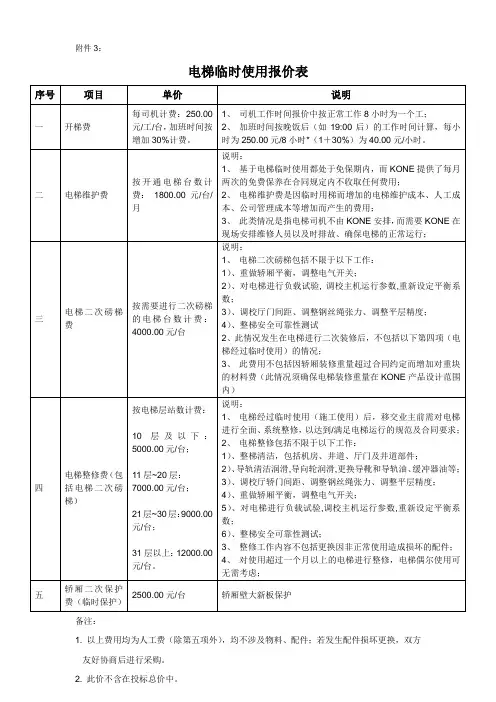 电梯临时使用报价表