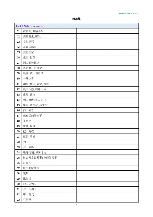 2019外研社高中英语选修三Unit 6 Nature in Words短语英汉互译表
