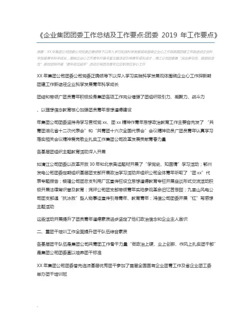 企业集团团委工作总结及工作要点团委2019年工作要点