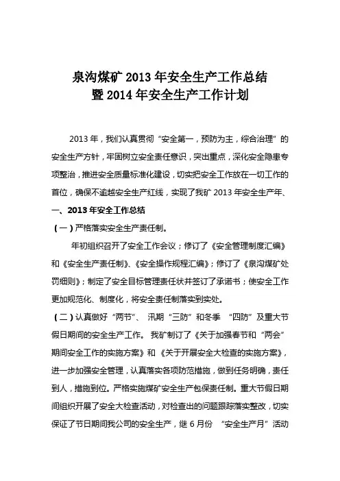 2013年安全工作总结14年计划