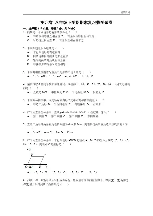 湖北省2020年八年级下学期期末复习数学试卷