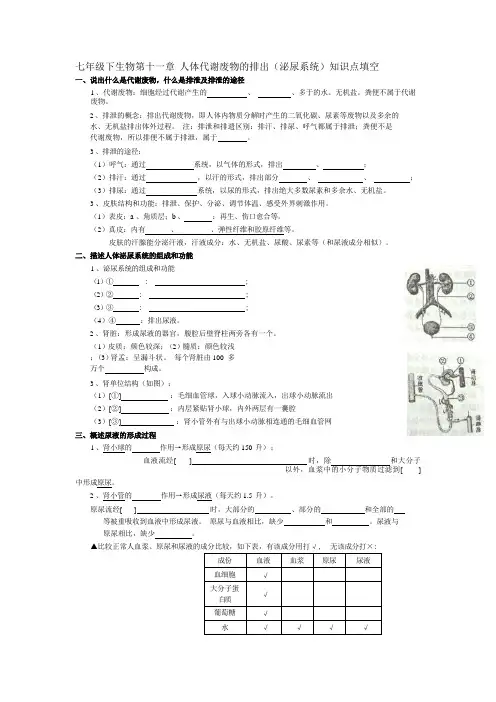 七年级下生物第十一章人体代谢废物的排出(泌尿系统)知识点填空