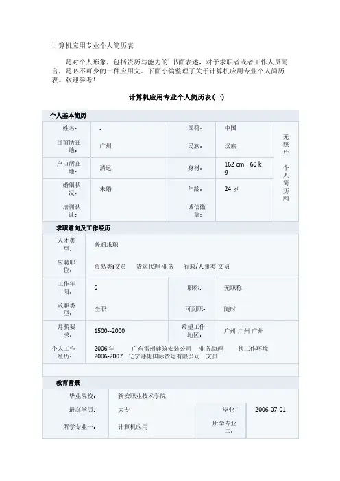 计算机应用专业个人简历表