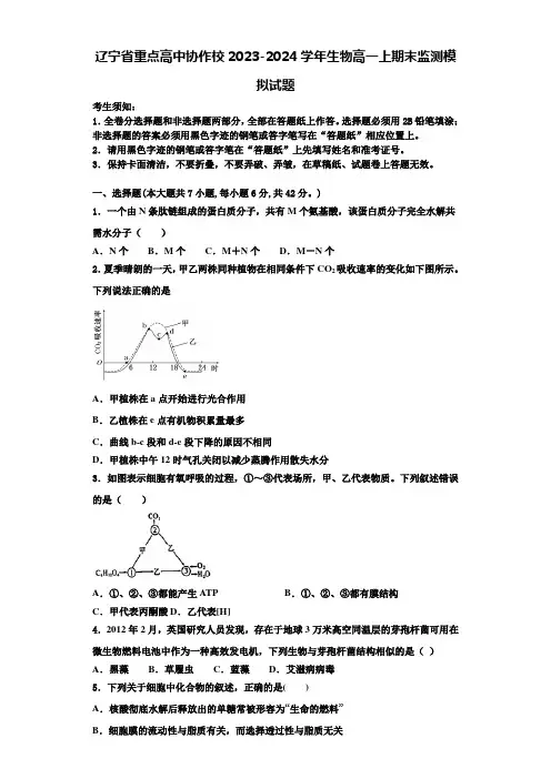 辽宁省重点高中协作校2023-2024学年生物高一上期末监测模拟试题含解析