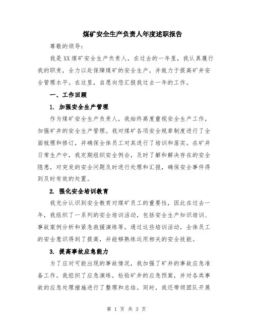 煤矿安全生产负责人年度述职报告