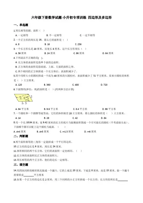 六年级下册数学试题-小升初专项训练 四边形及多边形 人教版(含答案)