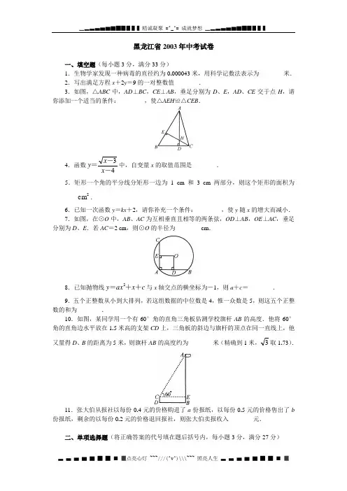 黑龙江省2003年中考试卷