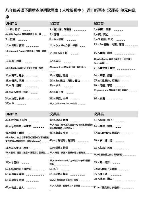 14,八年级英语下册重点单词默写表(人教版初中)_词汇听写本_汉译英_单元内乱序