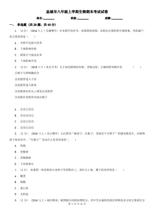 盐城市八年级上学期生物期末考试试卷 (考试)