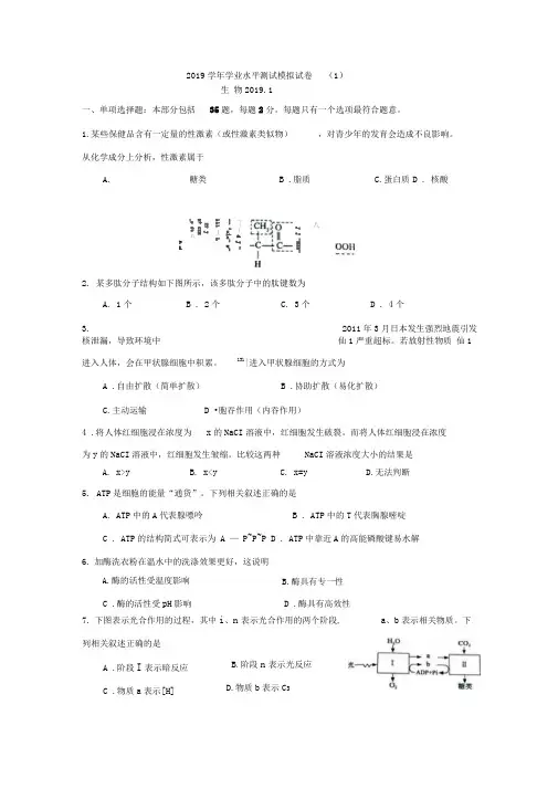 1.2019年江苏省普通高中学业水平测试(生物)