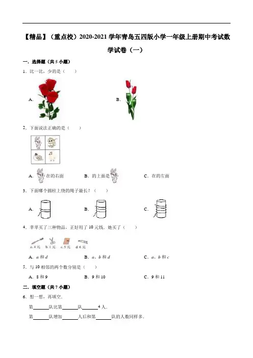 (重点校)2020-2021学年青岛五四版小学一年级上册期中考试数学试卷(一)