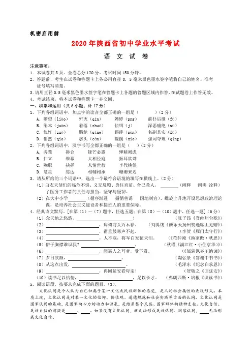 陕西省2020中考语文试卷