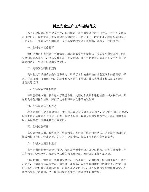 科室安全生产工作总结范文