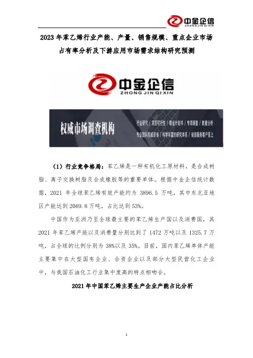 2023年苯乙烯行业产能、产量、销售规模、重点企业市场占有率分析及下游应用市场需求结构研究预测