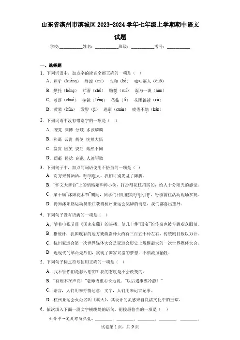 山东省滨州市滨城区2023-2024学年七年级上学期期中语文试题