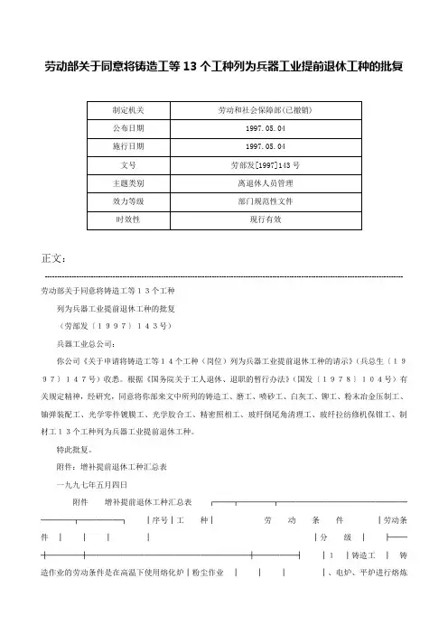 劳动部关于同意将铸造工等13个工种列为兵器工业提前退休工种的批复-劳部发[1997]143号