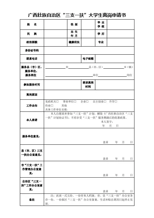 广西壮族自治区“三支一扶”人员离岗申请书
