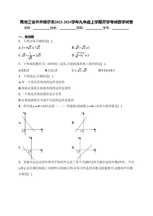 黑龙江省齐齐哈尔市2023-2024学年九年级上学期开学考试数学试卷(含详解)