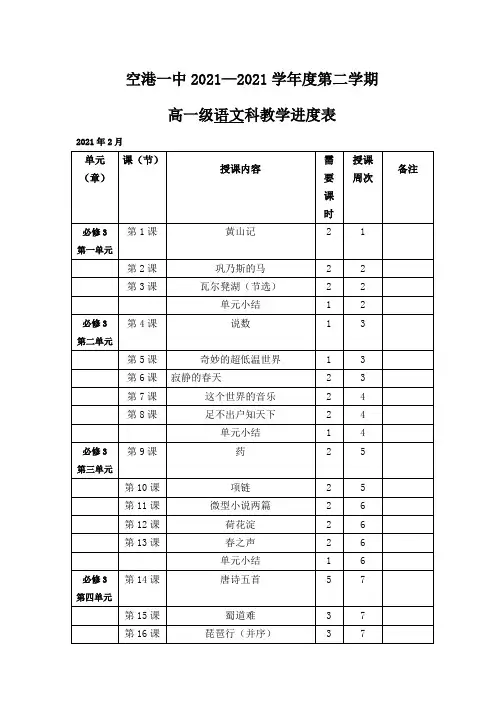 高一第二学期语文教学进度表