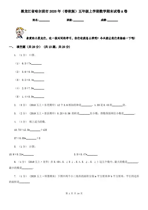 黑龙江省哈尔滨市2020年(春秋版)五年级上学期数学期末试卷A卷