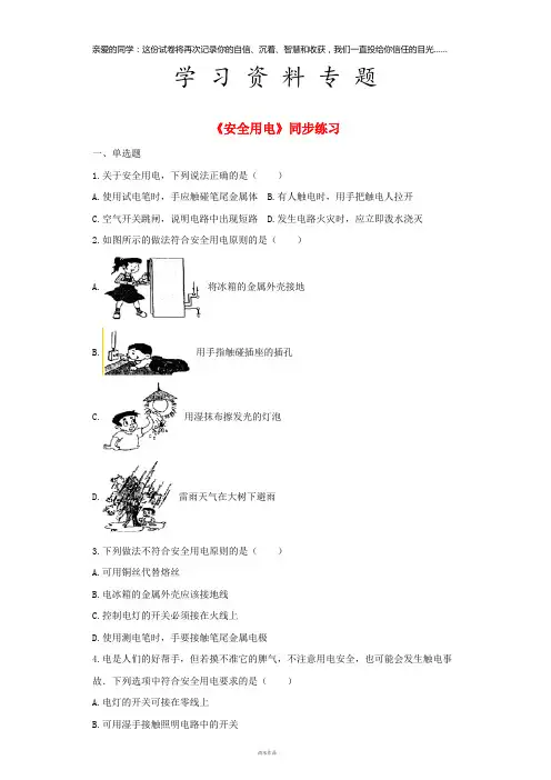 九年级物理全册 19.3安全用电练习(含解析)(新版)新人教版