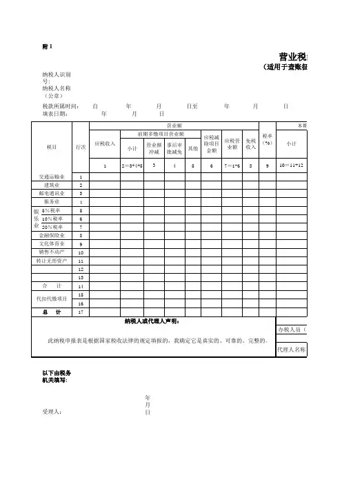 营业税纳税申报表 适用于查账征收的》 表格 XLS格式 