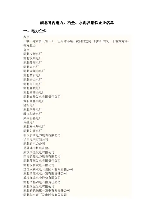 湖北省内电力、冶金、水泥及钢铁企业名单