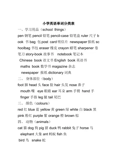 人教版小学英语单词分类表
