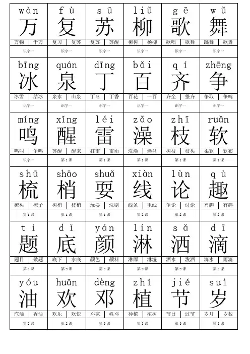人教版一年级语文下册生字卡片