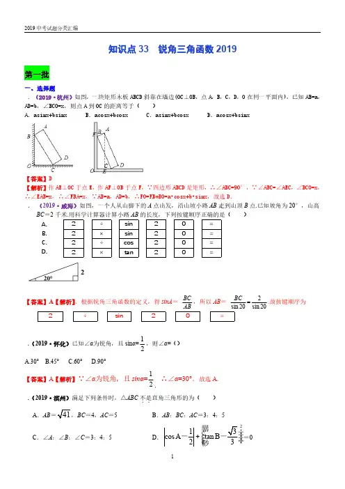 2019年中考真题 锐角三角函数分类汇编(PDF版含解析)