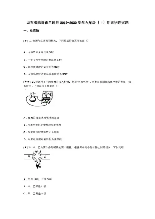 山东省临沂市兰陵县2019-2020学年九年级(上)期末物理试题(word无答案)