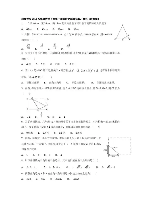 北师大版2018八年级数学上册第一章勾股定理单元练习题二(附答案)