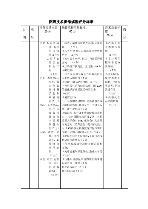 换药技术操作规程评分标准