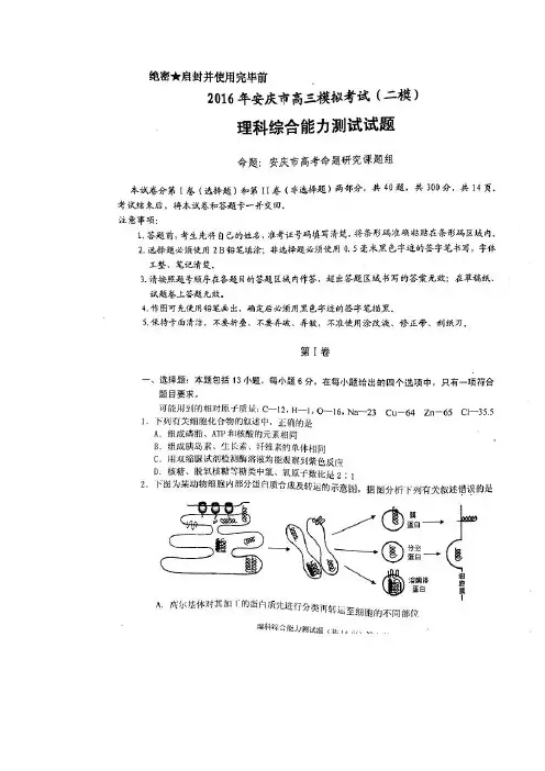 安徽安庆市届高三第二次模拟考试理综生物试题含答案