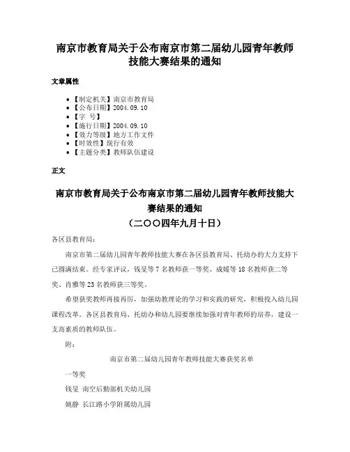 南京市教育局关于公布南京市第二届幼儿园青年教师技能大赛结果的通知