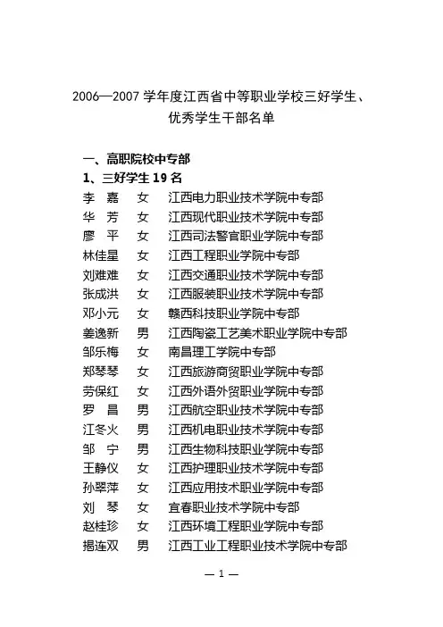 2006—2007学年度江西省中等职业学校三好学生,