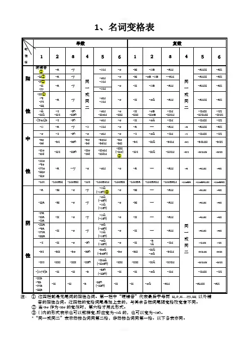 俄语名词、形容词、代词、动词等变格表