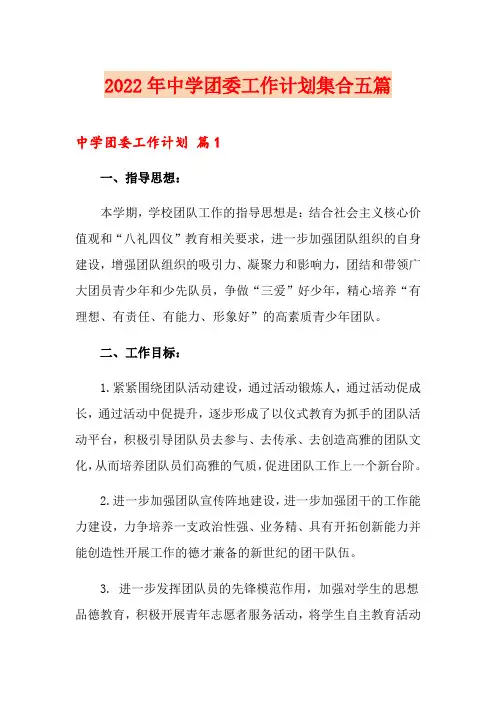 2022年中学团委工作计划集合五篇