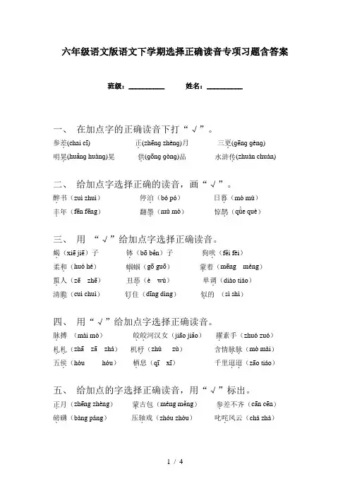 六年级语文版语文下学期选择正确读音专项习题含答案