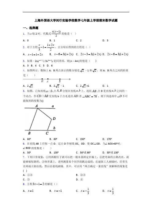 上海外国语大学闵行实验学校数学七年级上学期期末数学试题